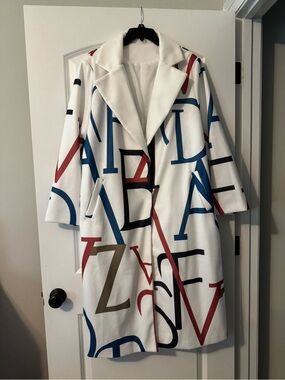 White Graphic Letter Print Coat - Women Jackets & Coats